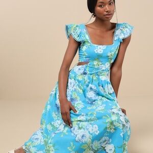 Lulus Prielle Bright Blue Floral Cutout Midi Dress - Size S
